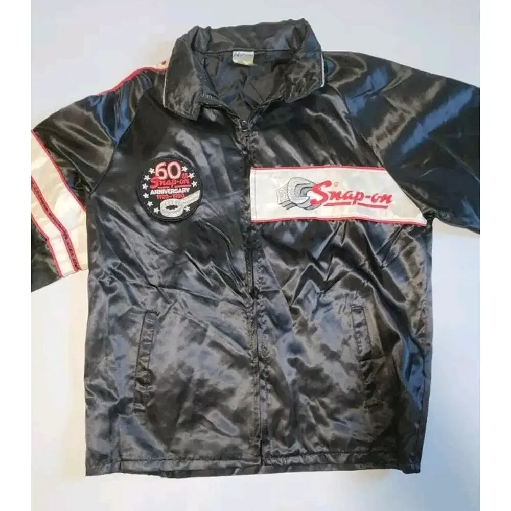 Vtg Snap On 60th Black Satin Bombers Jacket Men HORIZON Coat Medium Lightweight